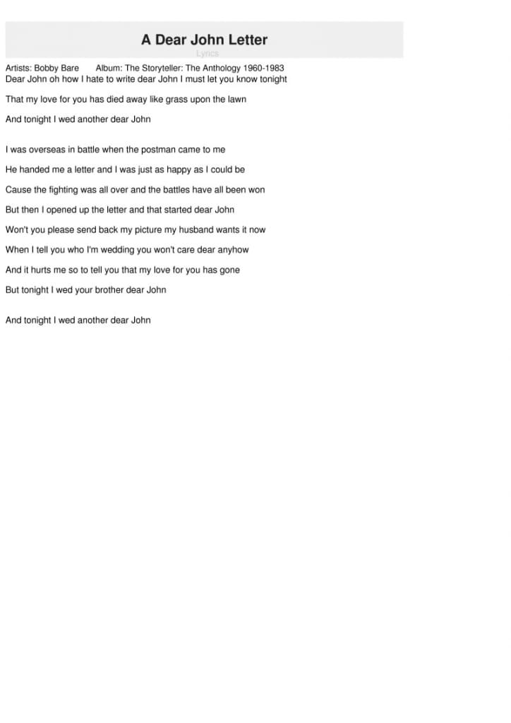 A Dear John Letter Lyrics - Bobby Bare