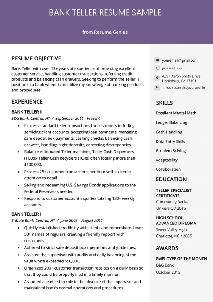Bank Teller Resume Sample &amp; Writing Tips | Resume Genius
