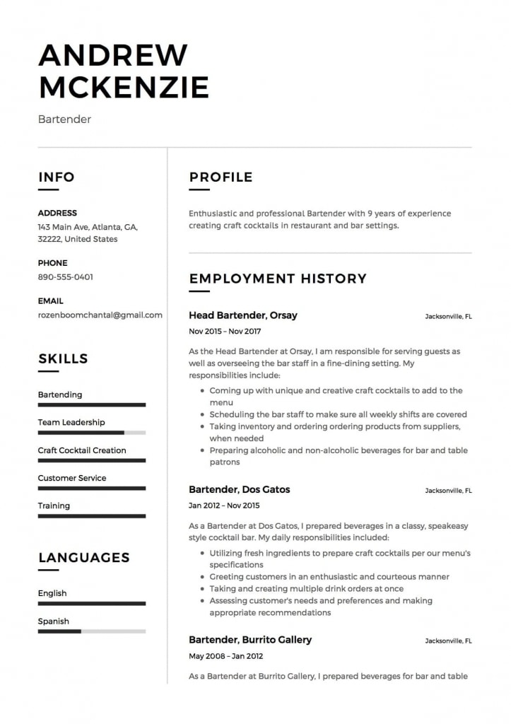Bartender Resume [+ 12 Samples] | 2019 | Free Pdf &amp; Word Examples |