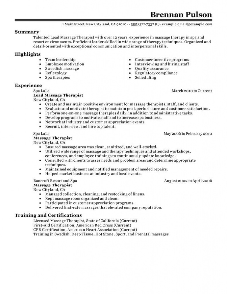 Best Lead Massage Therapist Resume Example | Livecareer