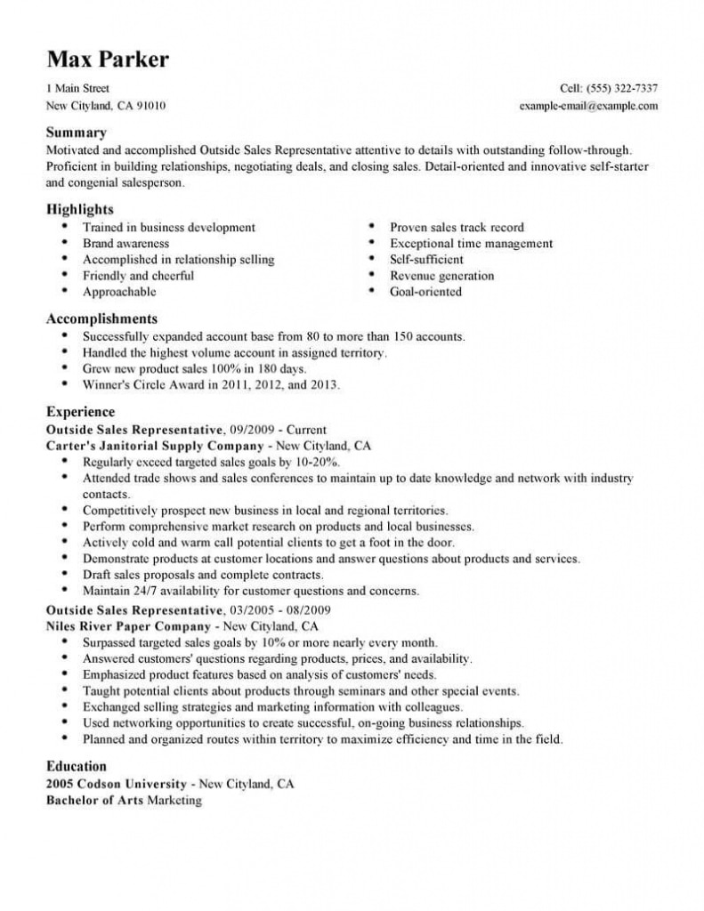 Best Outside Sales Representative Resume Example | Livecareer