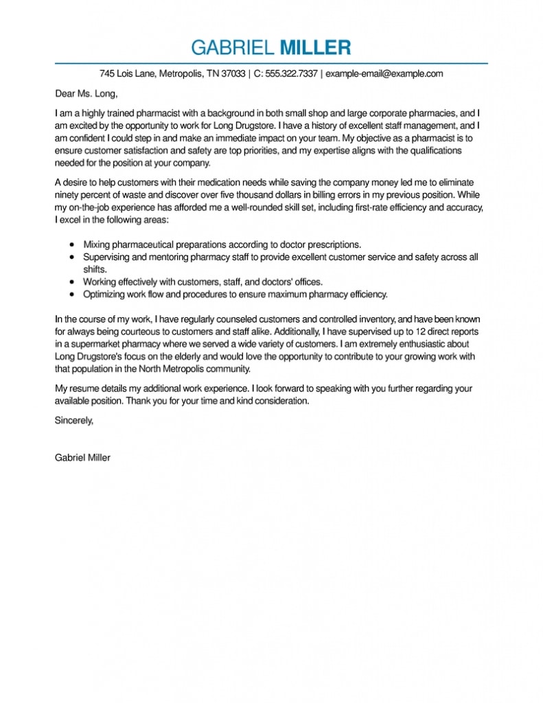 Best Pharmacist Cover Letter Examples | Livecareer