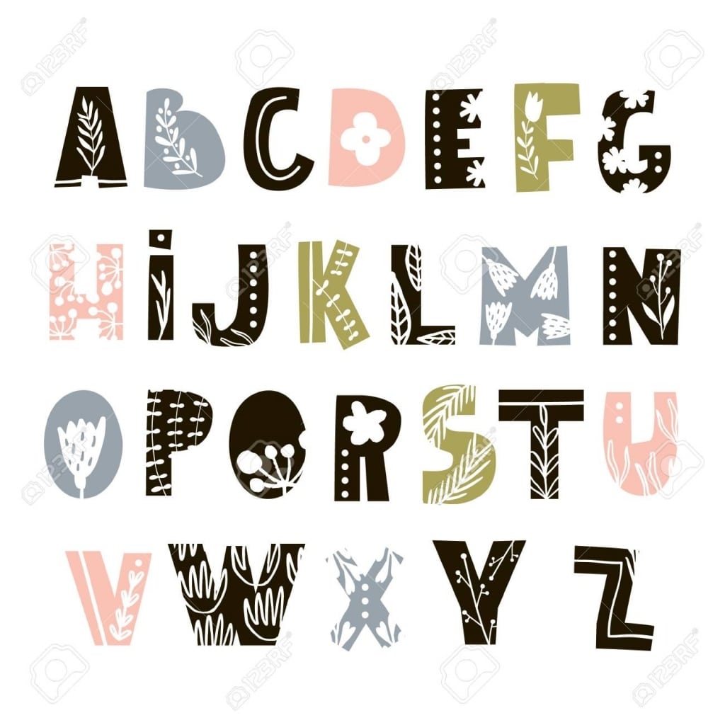 Creative Decorative Alphabet With Floral Elements. Scandinavian..