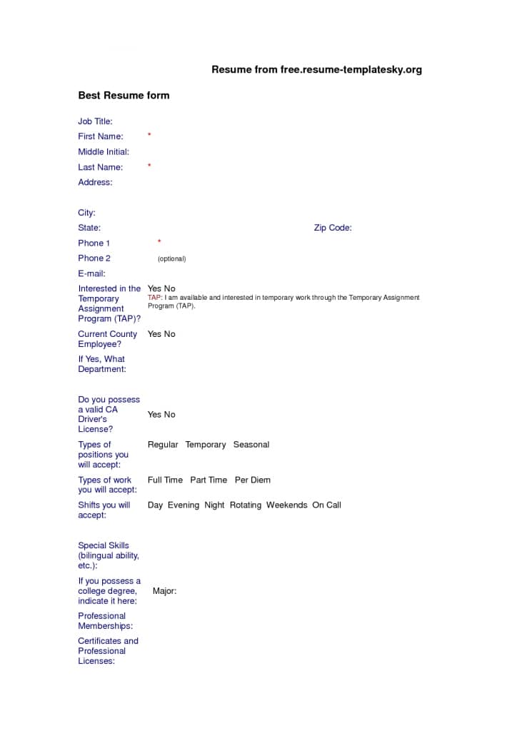 Download Free Blank Resume Forms | Download Form Free Resume - Doc
