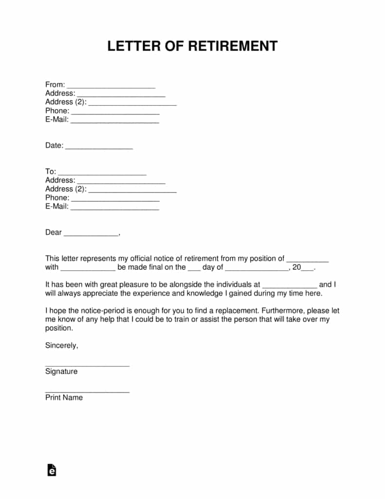 Free Retirement Letter Template - With Samples - Word | Pdf | Eforms