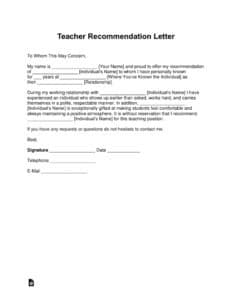 Free Teacher Recommendation Letter Template - With Samples - Pdf