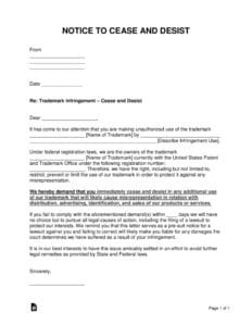 Free Trademark Infringement Cease And Desist Letter - Word | Pdf