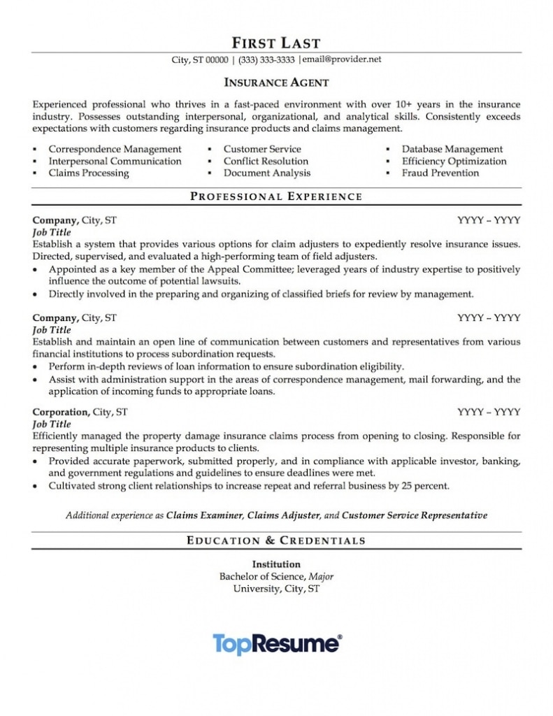 Insurance Agent Resume Sample | Professional Resume Examples | Topresume