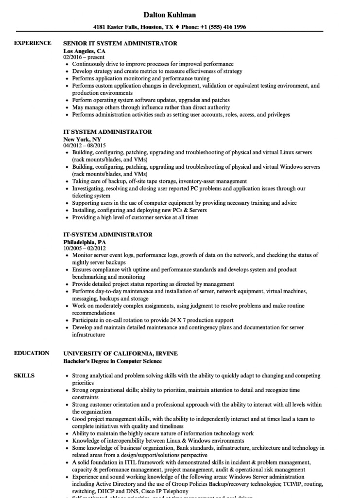 It System Administrator Resume Samples | Velvet Jobs