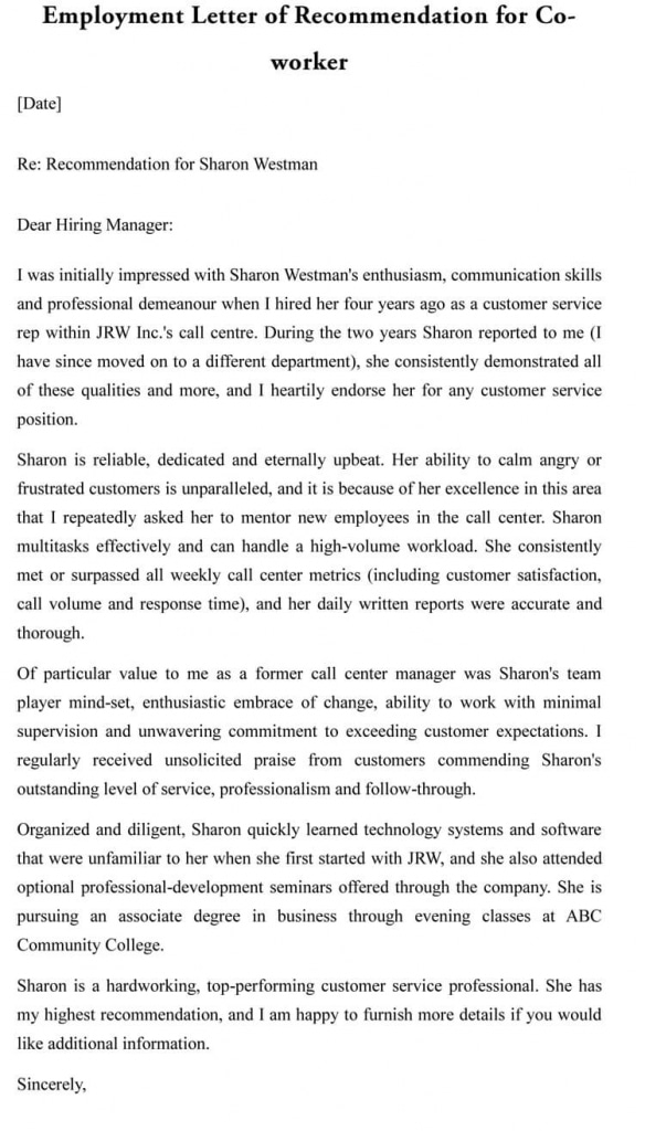Letter Of Recommendation For Co-worker (18 Sample Letters &amp; Examples)