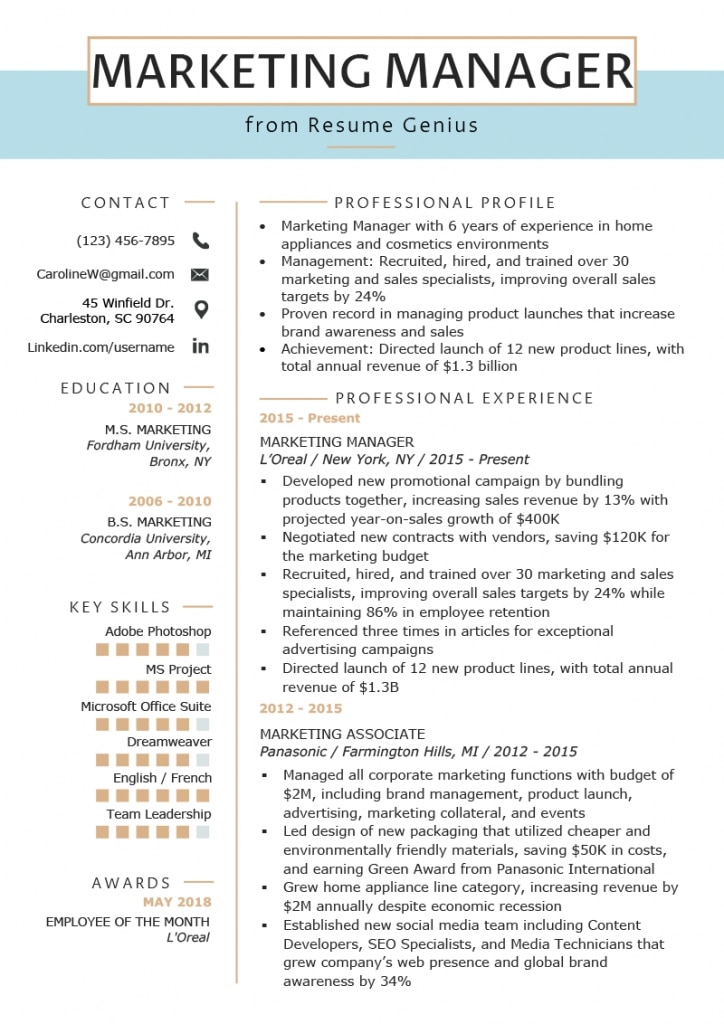 Marketing Manager Resume Example &amp; Writing Tips | Rg