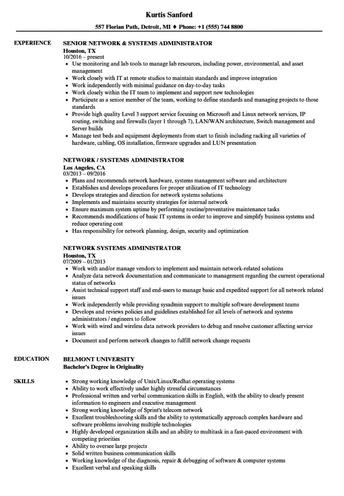 Network Systems Administrator Resume Samples | Velvet Jobs