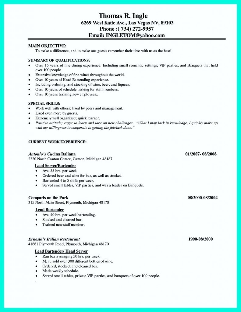 Nice Cocktail Server Resume Skills To Convince Restaurants Or Café