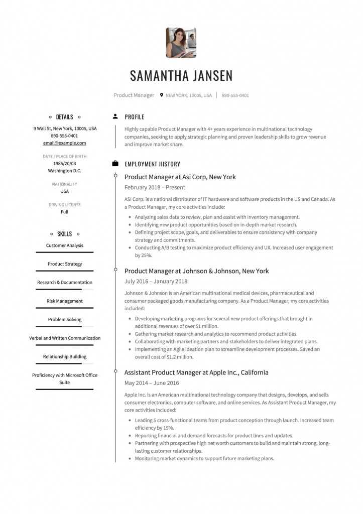Product Manager Resume Sample, Template, Example, Cv, Formal, Design