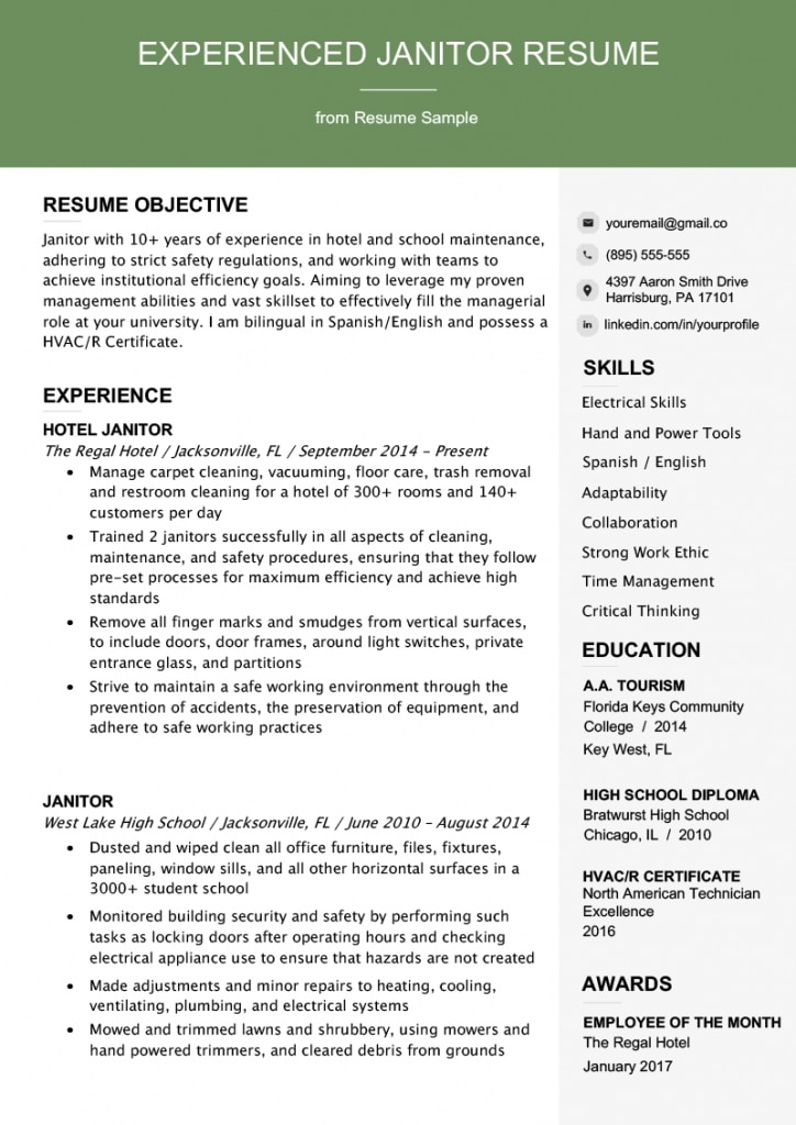 Professional Janitor Resume Sample &amp; Writing Tips | Resume Genius