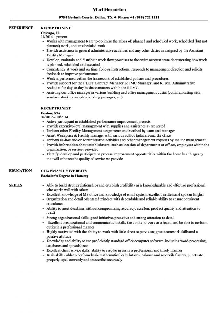 Receptionist Resume Samples | Velvet Jobs