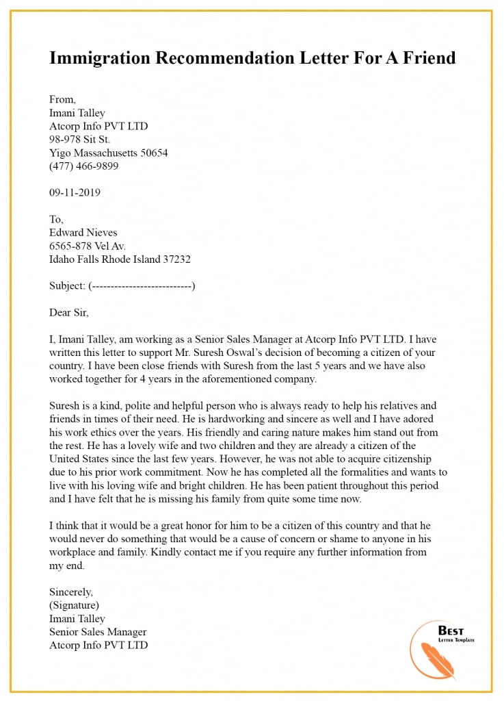 Recommendation Letter For A Friend – Format, Sample &amp; Example | Best