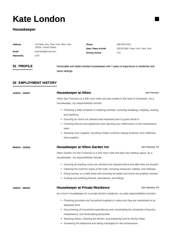Sample Housekeeper Resume Examples 30 Housekeeping Resumes Word How