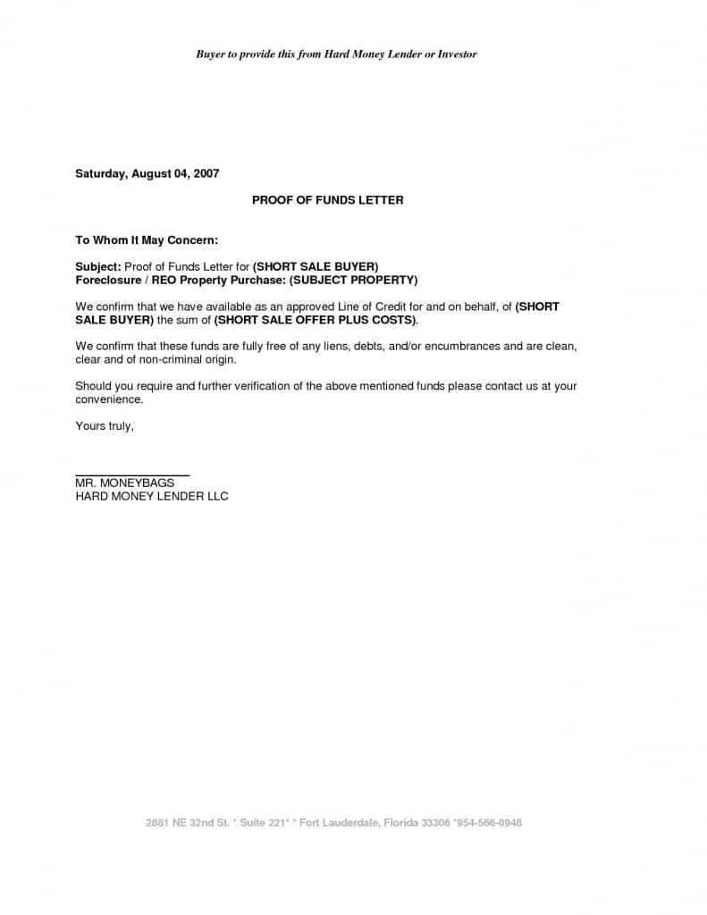 Sample Proof Of Funds Letter Template Examples | Letter Template