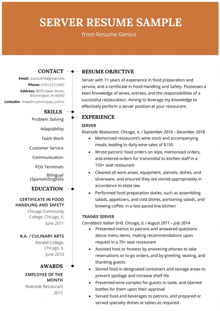 Server Resume Example &amp; Writing Tips | Resume Genius