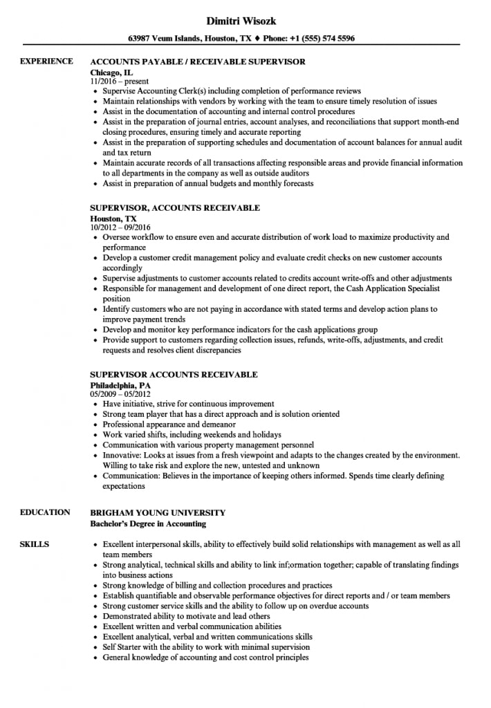 Supervisor, Accounts Receivable Resume Samples | Velvet Jobs