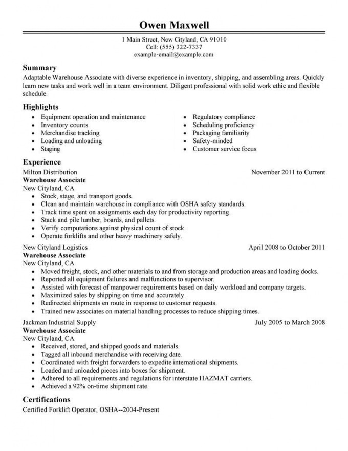 15 Warehouse Resume Samples | Sample Resumes | Warehouse