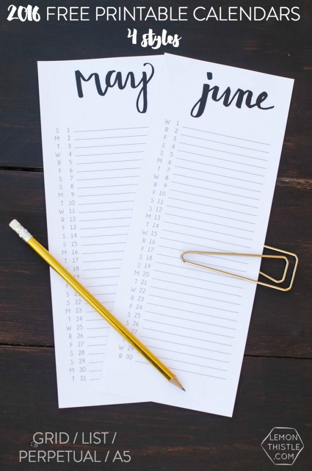 2016 Free Printable Calendars - Lemon Thistle