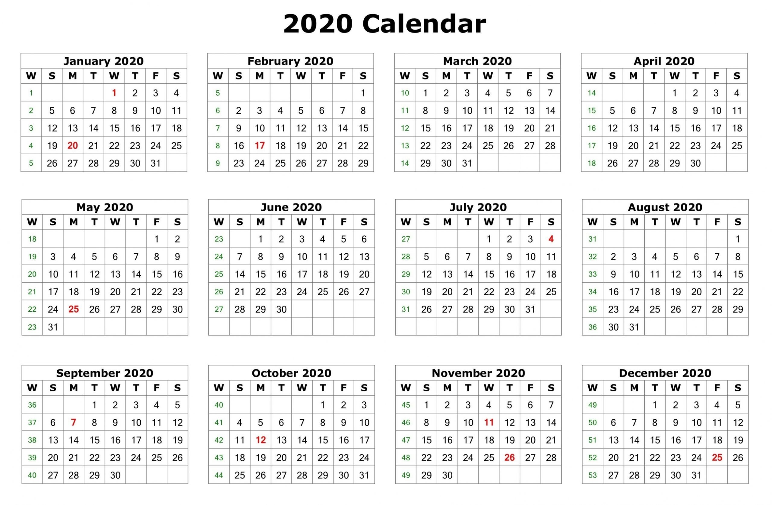 2020 12 Months Calendar Printable | Printable Calendar 2020