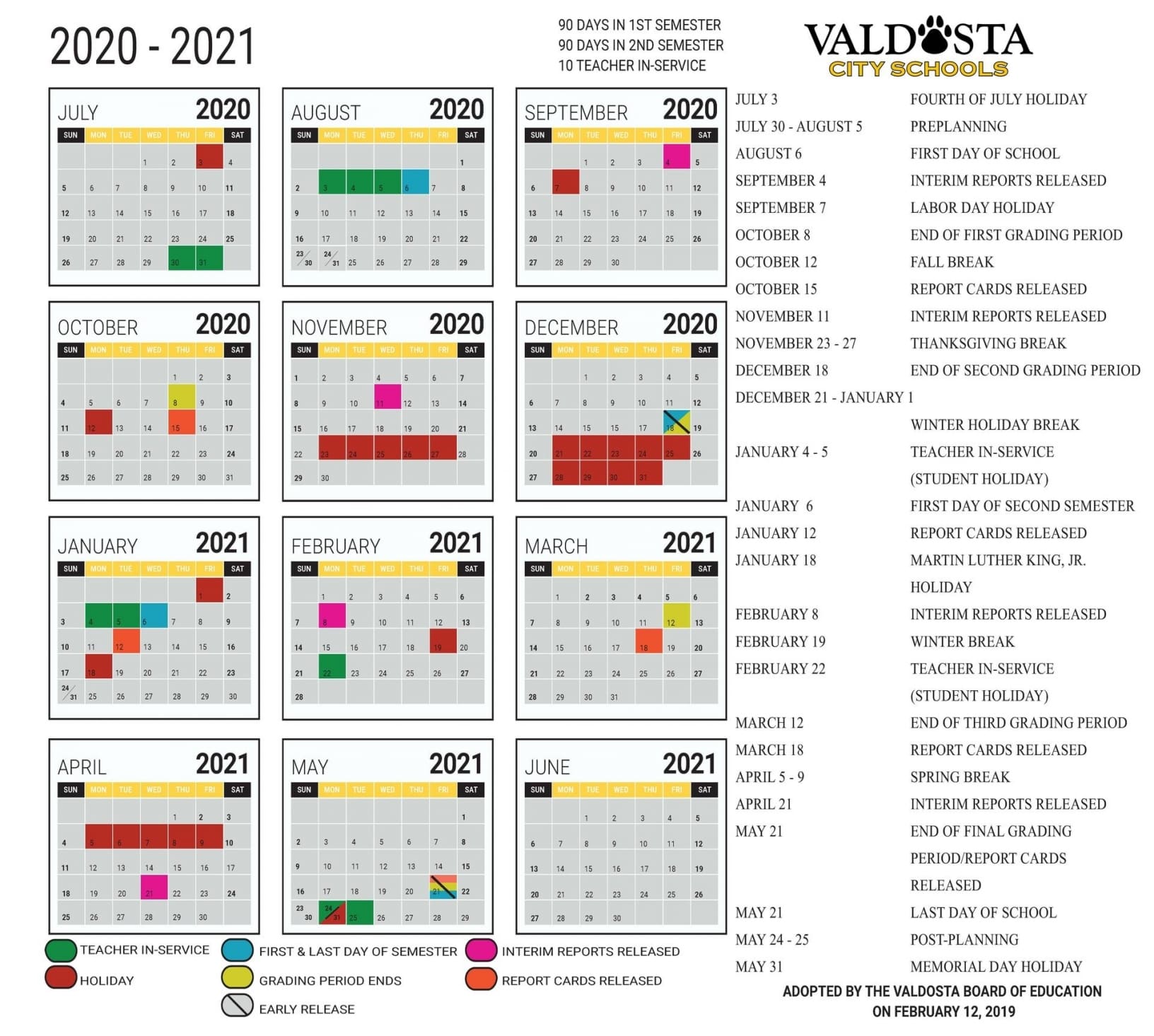 Printable Academic Calendar 2020-2021