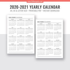 2020-2021 Yearly Calendar, Year At A Glance, Digital Printable Planner  Inserts, Sunday Start, Black &amp; White, Printable Planner, Filofax A5, A4,  Letter