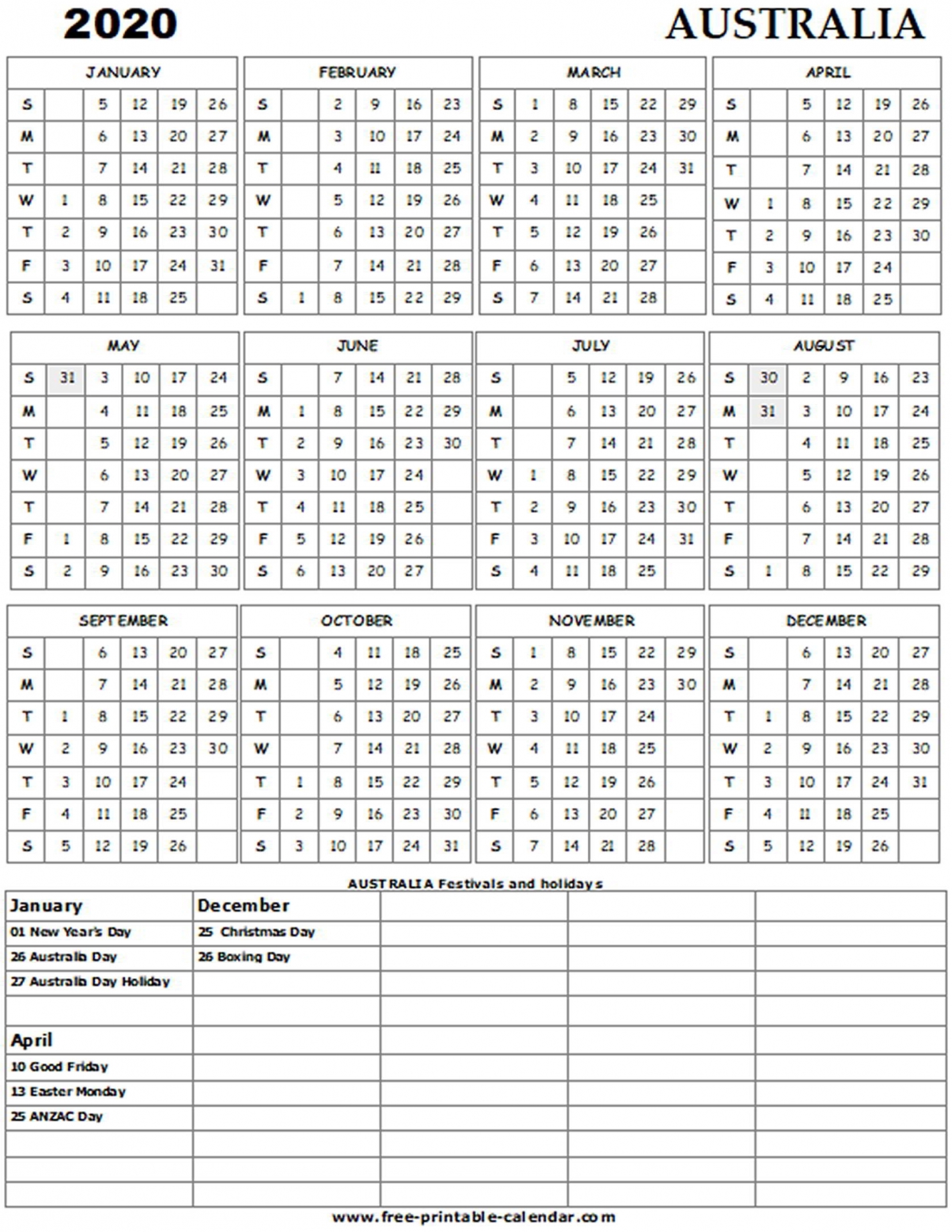 Free Printable Calendar Australia 2020