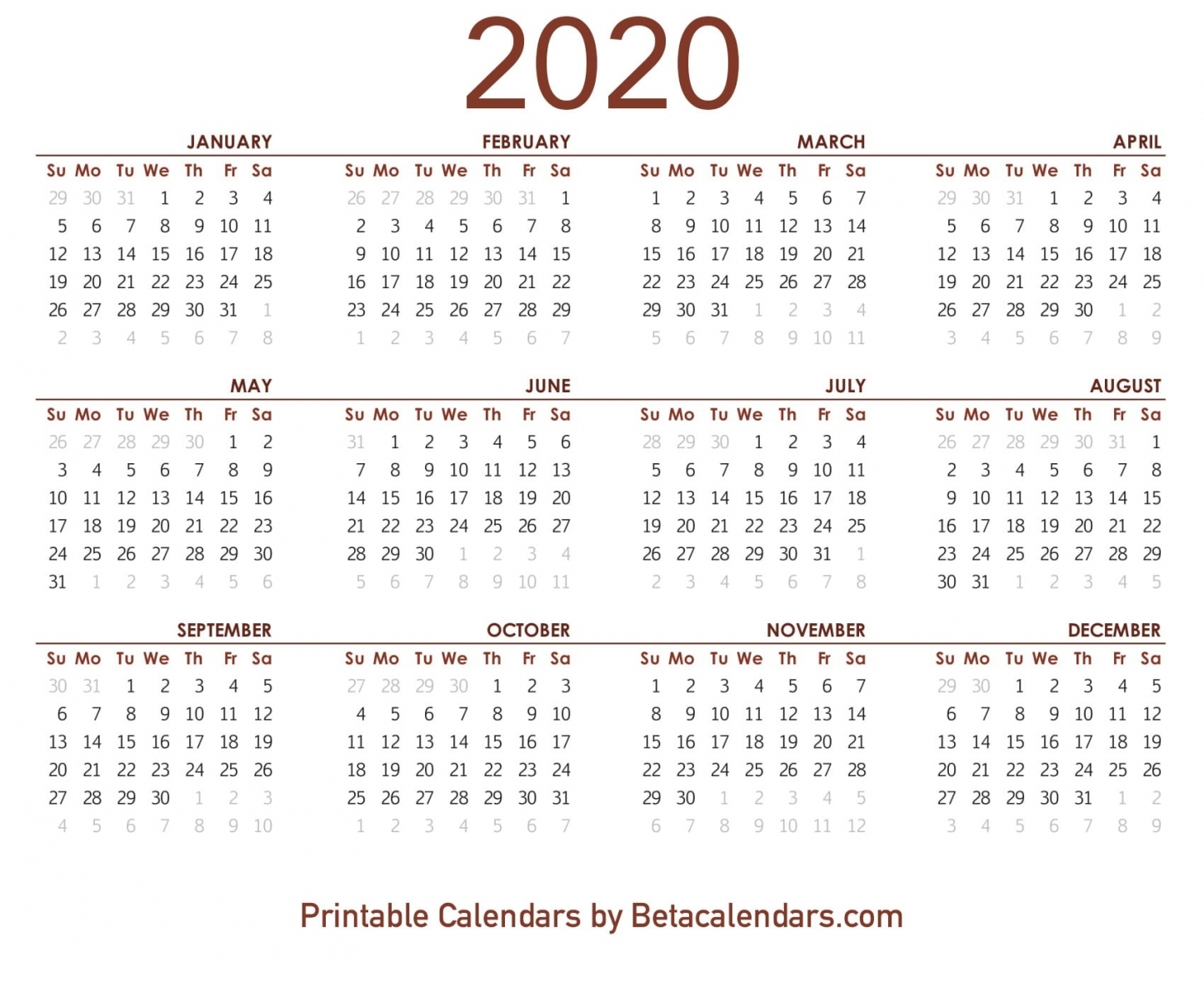 Free Printable 2020 Calendar Free Printable 2020 Calendar
