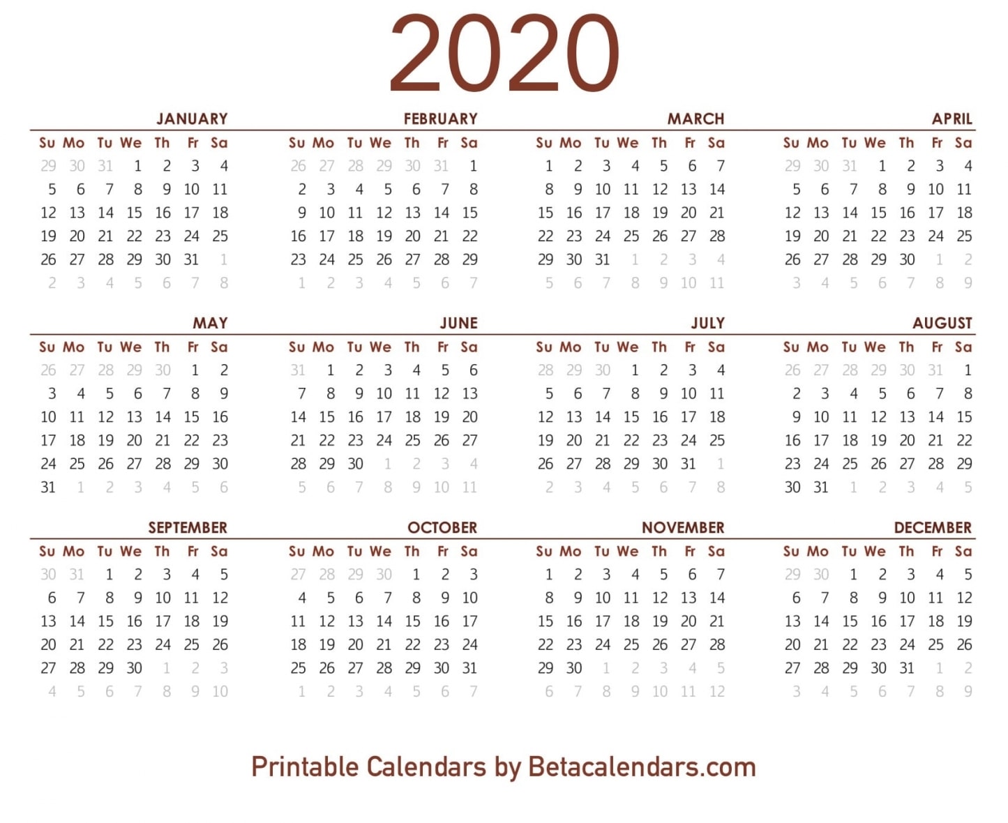 2020 Calendars Printable Free