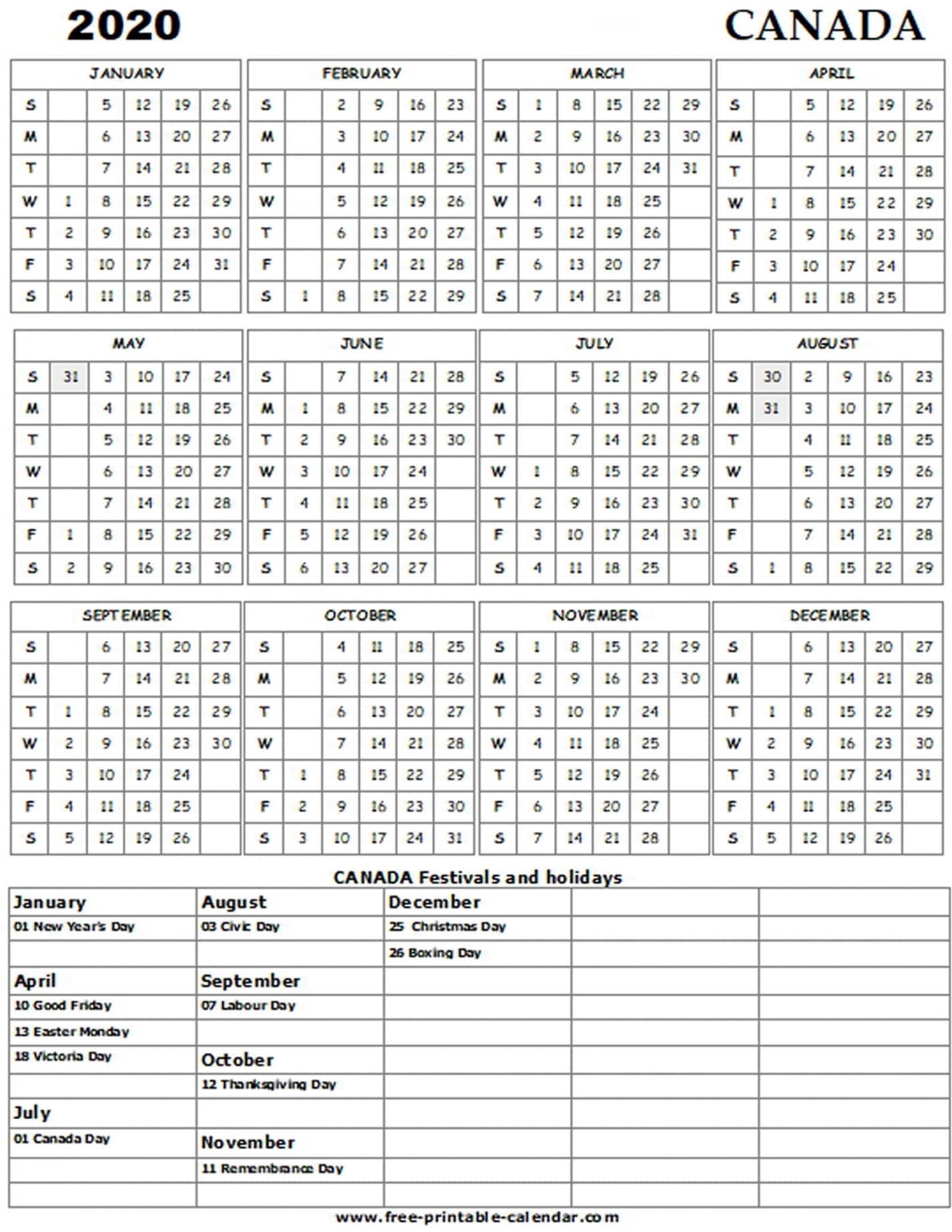 2020 Calendar Canada Printable