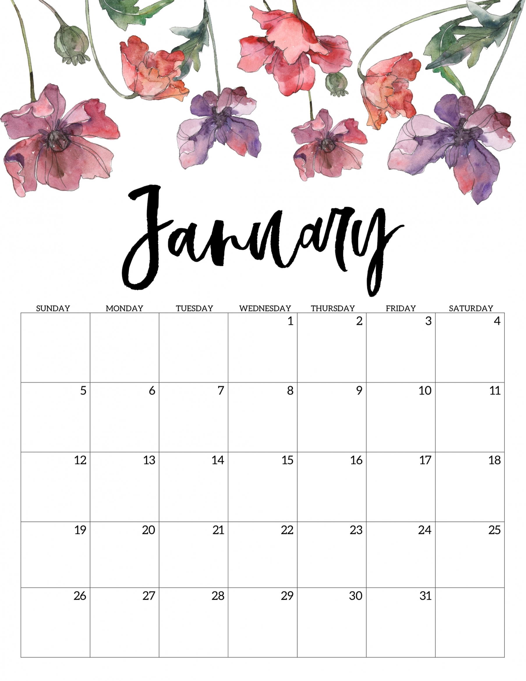 2020 Free Printable Calendar - Floral - Paper Trail Design