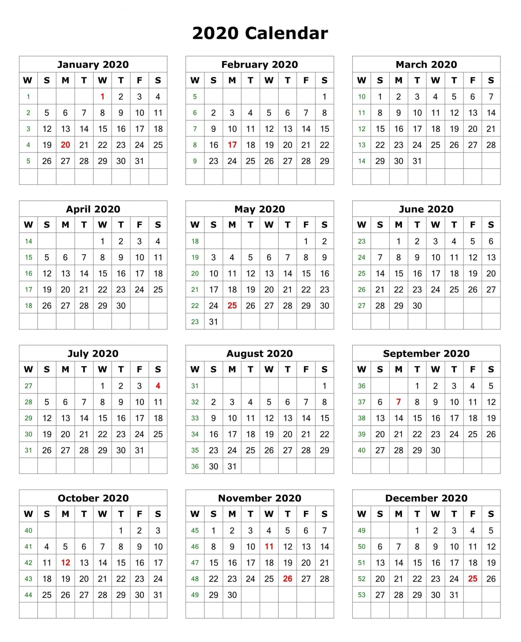 2020 Calendar Printable One Page
