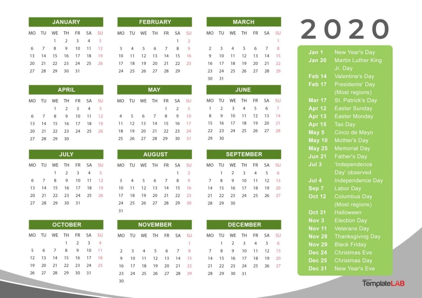 2020 Calendar Holidays Printable
