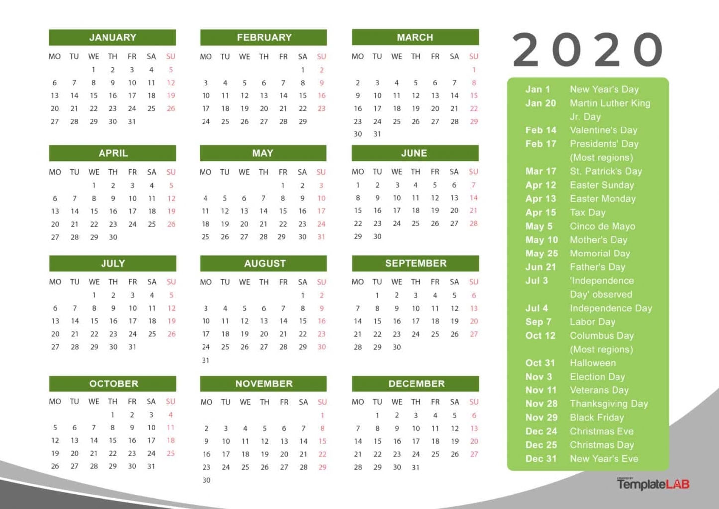 Printable Calendar With Holidays 2020