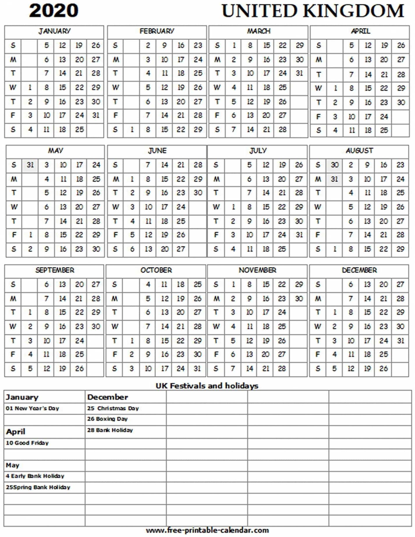 2020 Printable Calendar Uk