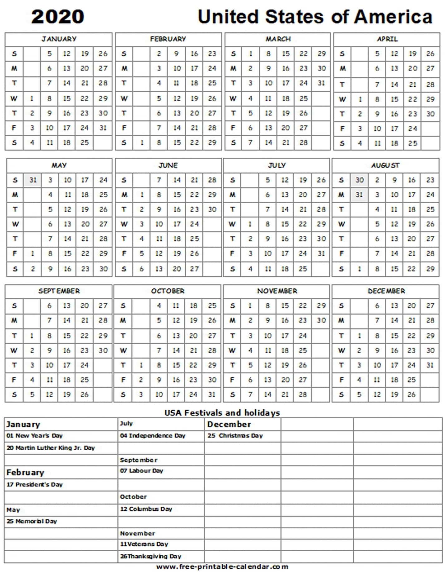 2020 Printable Calendar With Us Holidays