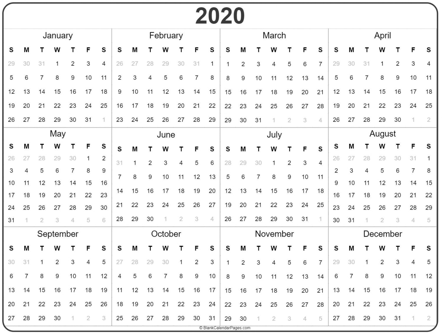 Printable Calendar 2020 Year Printable Calendar 2020 Year