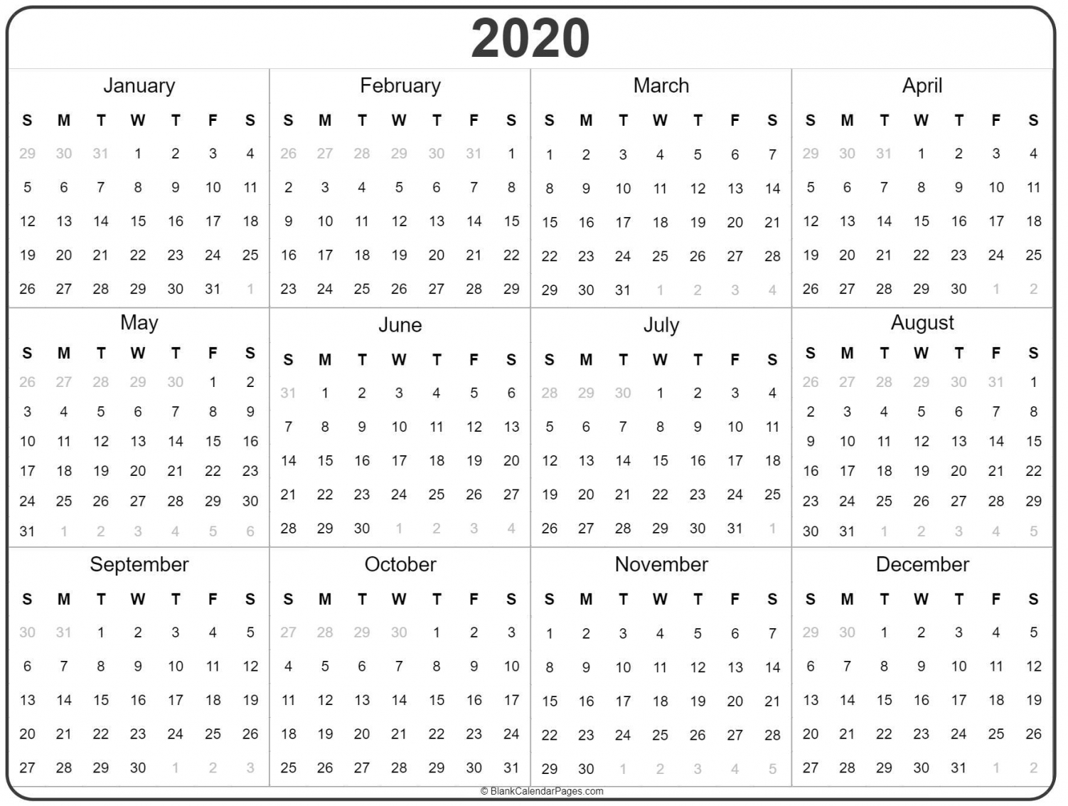 2020 Annual Calendar Printable 2020 Annual Calendar Printable