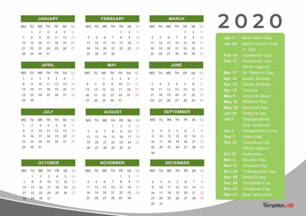 Free 2020 Printable Calendar With Holidays