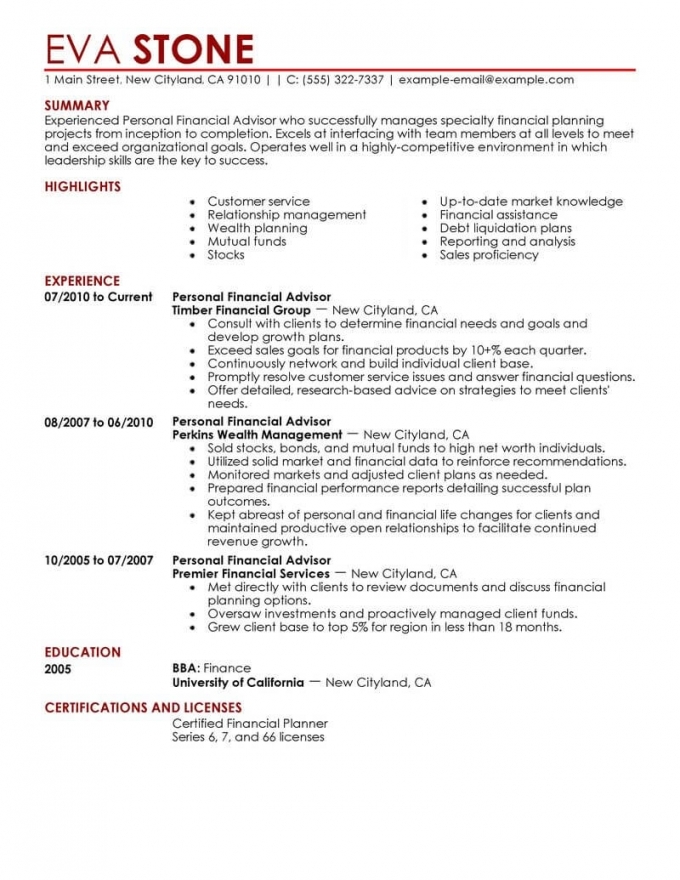 Financial Resume Example