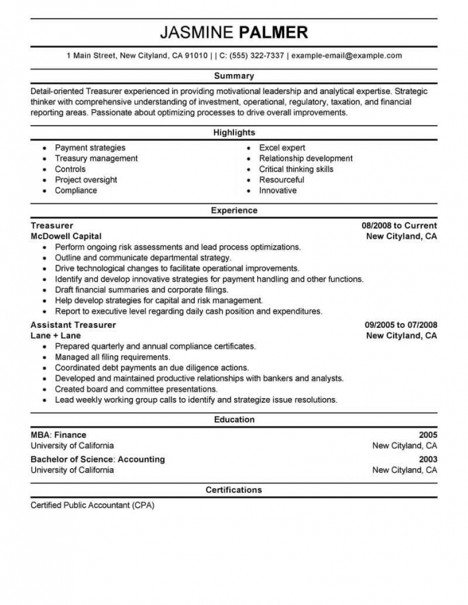Financial Resume Example