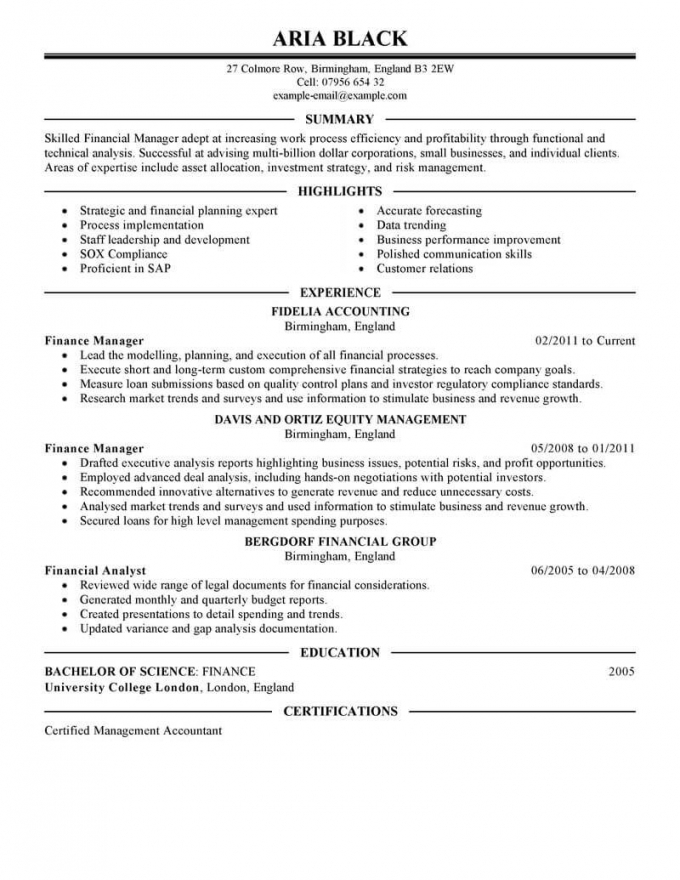 Financial Resume Example