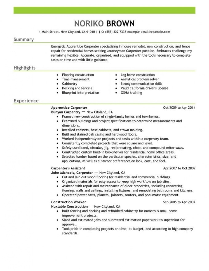 Carpenter Resume Examples