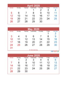 April May June 2020 Calendar 3 Months Per Page Printable