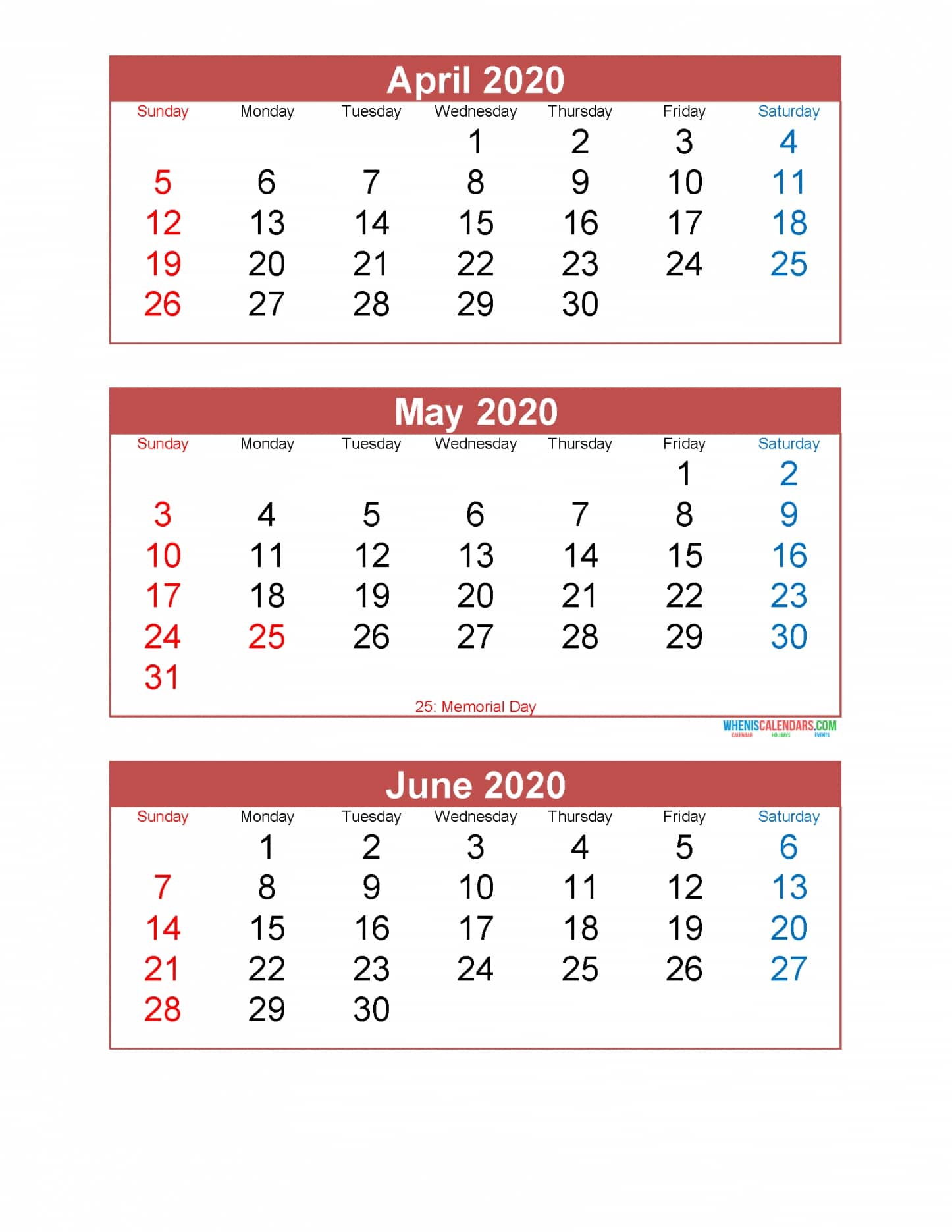 April May June 2020 Calendar 3 Months Per Page Printable