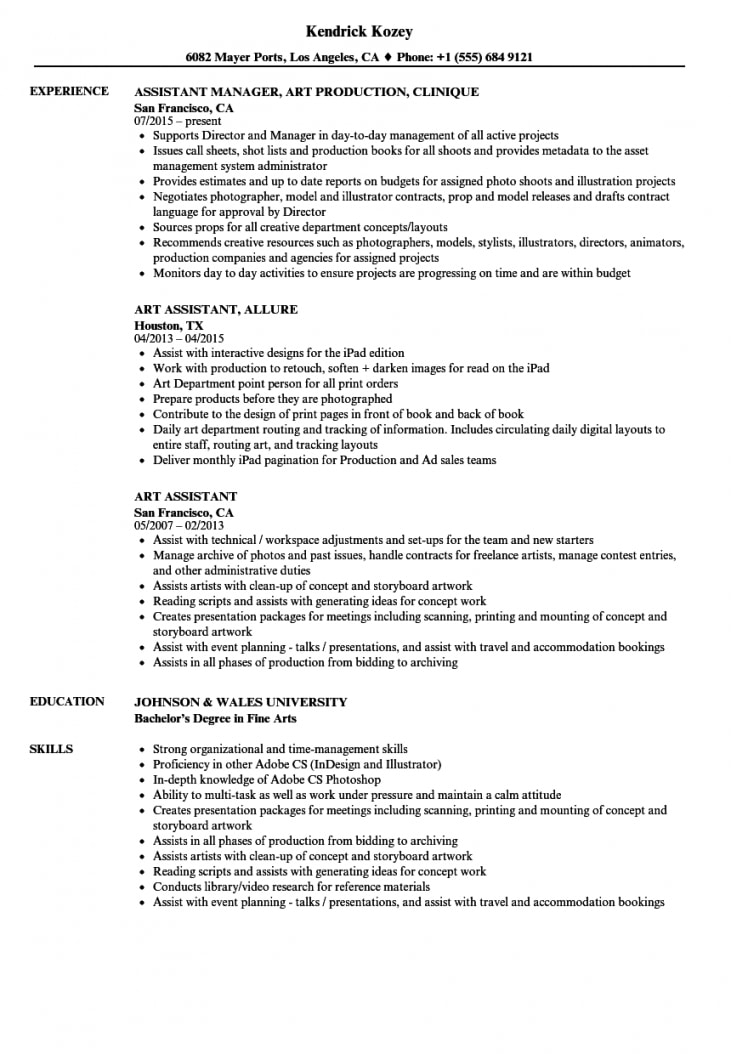Art Assistant Resume Samples | Velvet Jobs